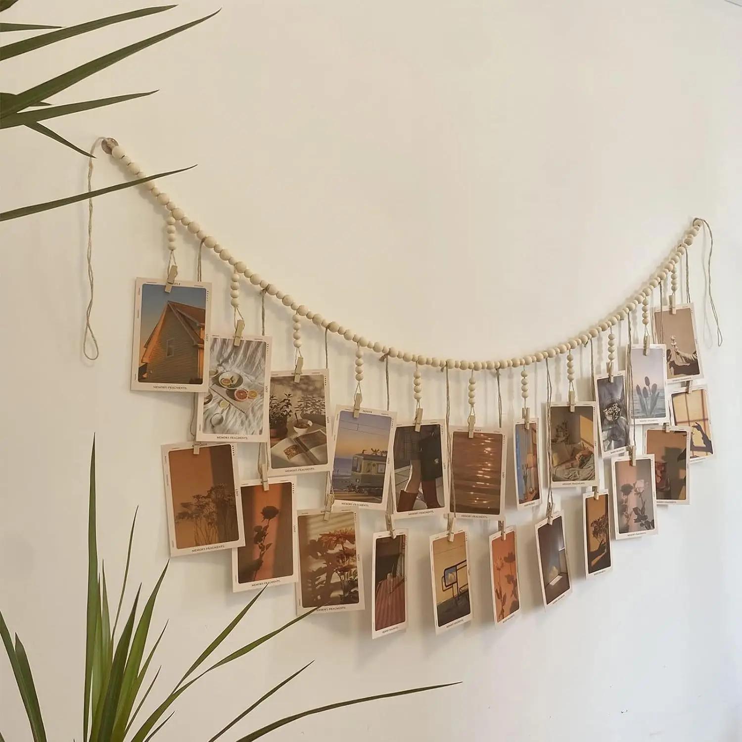 Présentoir de photos suspendu, guirlande de perles en bois, style Boho, tenture murale pour chambre 