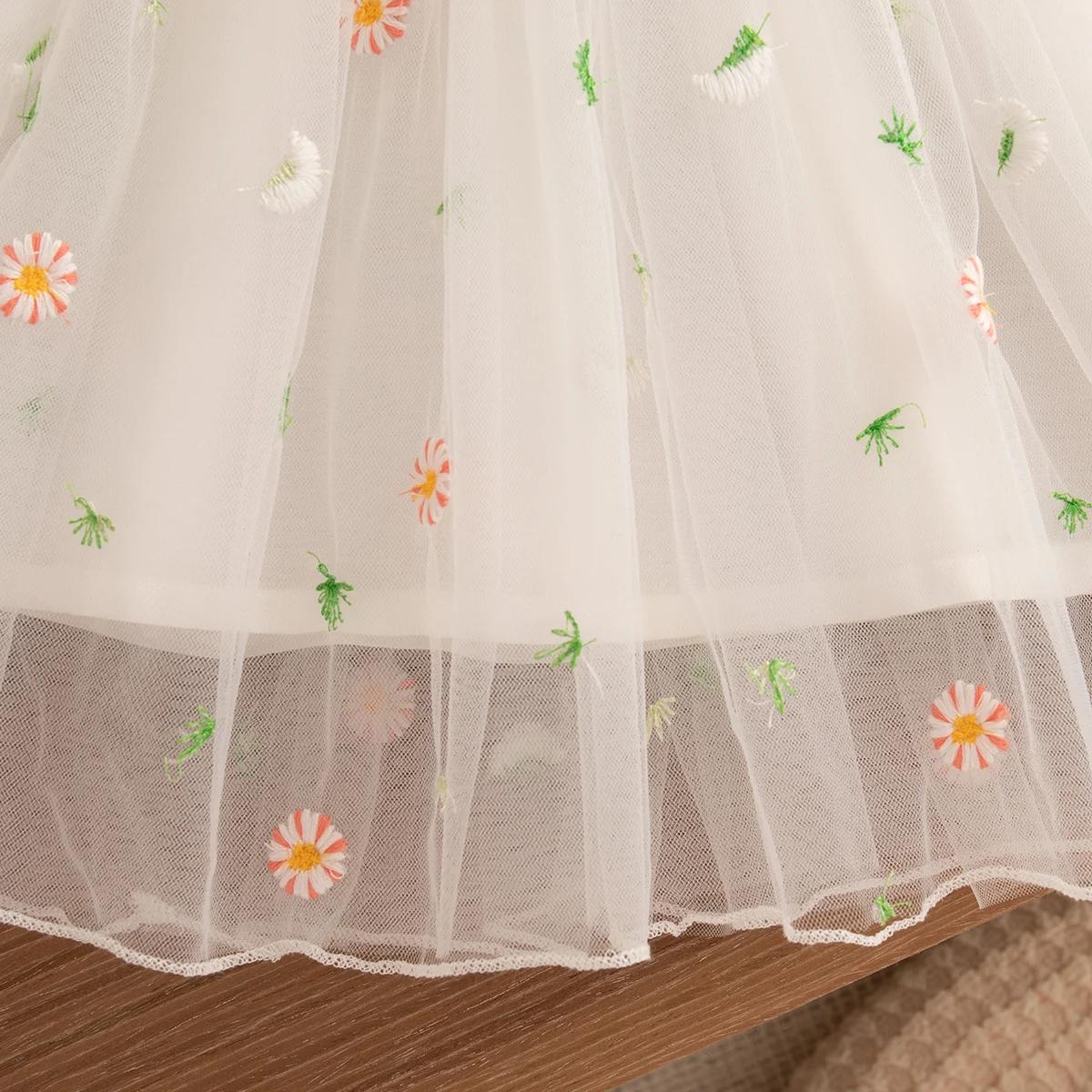 Robes de printemps et d'automne pour petites filles, en maille brodée de fleurs, robes de princesse 