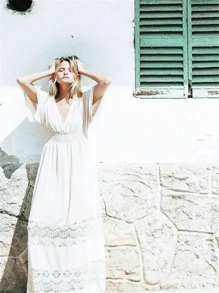 Robe longue d'été en coton blanc pour femmes, style bohème, sexy, décolleté en V profond, demi-manch