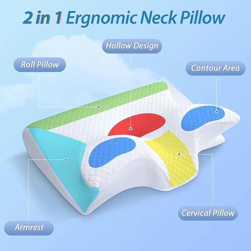 Oreiller cervical en mousse à mémoire de forme, oreiller orthopédique de Contour ergonomique 2 en 1 