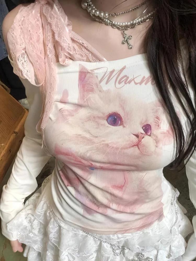Y2k chat imprimé blanc épaules dénudées à manches longues t-shirt femmes avant rose dentelle nœud at