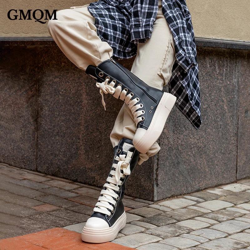 GMQM femmes bottes hautes à lacets fermeture éclair talons hauts noir plate-forme bottes bout rond s