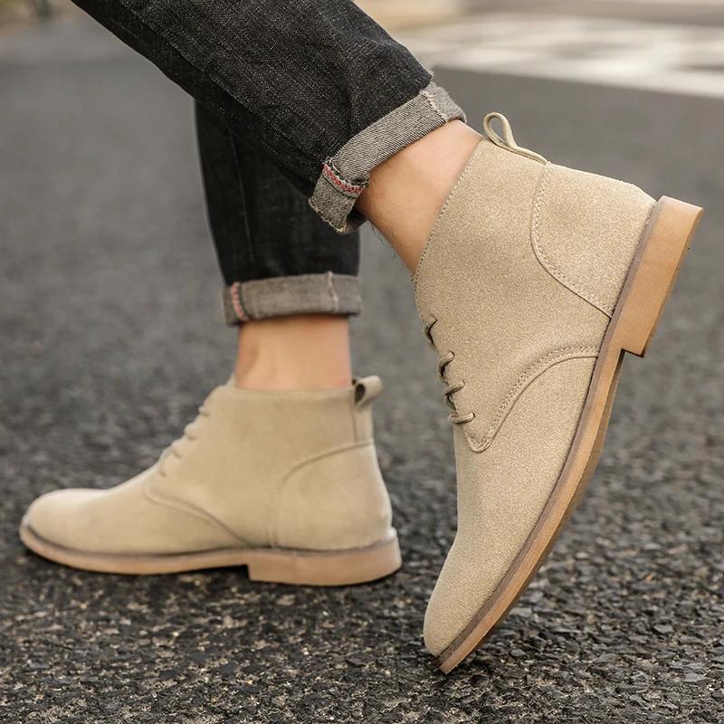 Tendance kaki bottines hommes bout pointu hommes Chelsea bottes haut en daim cuir chaussures pour ho
