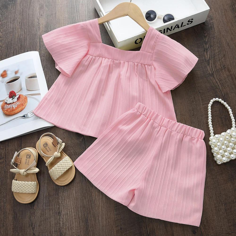 Costume pour enfants, Style vacances, couleur unie, broderie de fleurs, col carré, haut à manches co