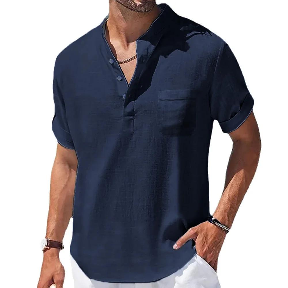 Été nouveaux hommes coton et lin chemises à manches courtes T-shirt col Henry décontracté hommes T-s