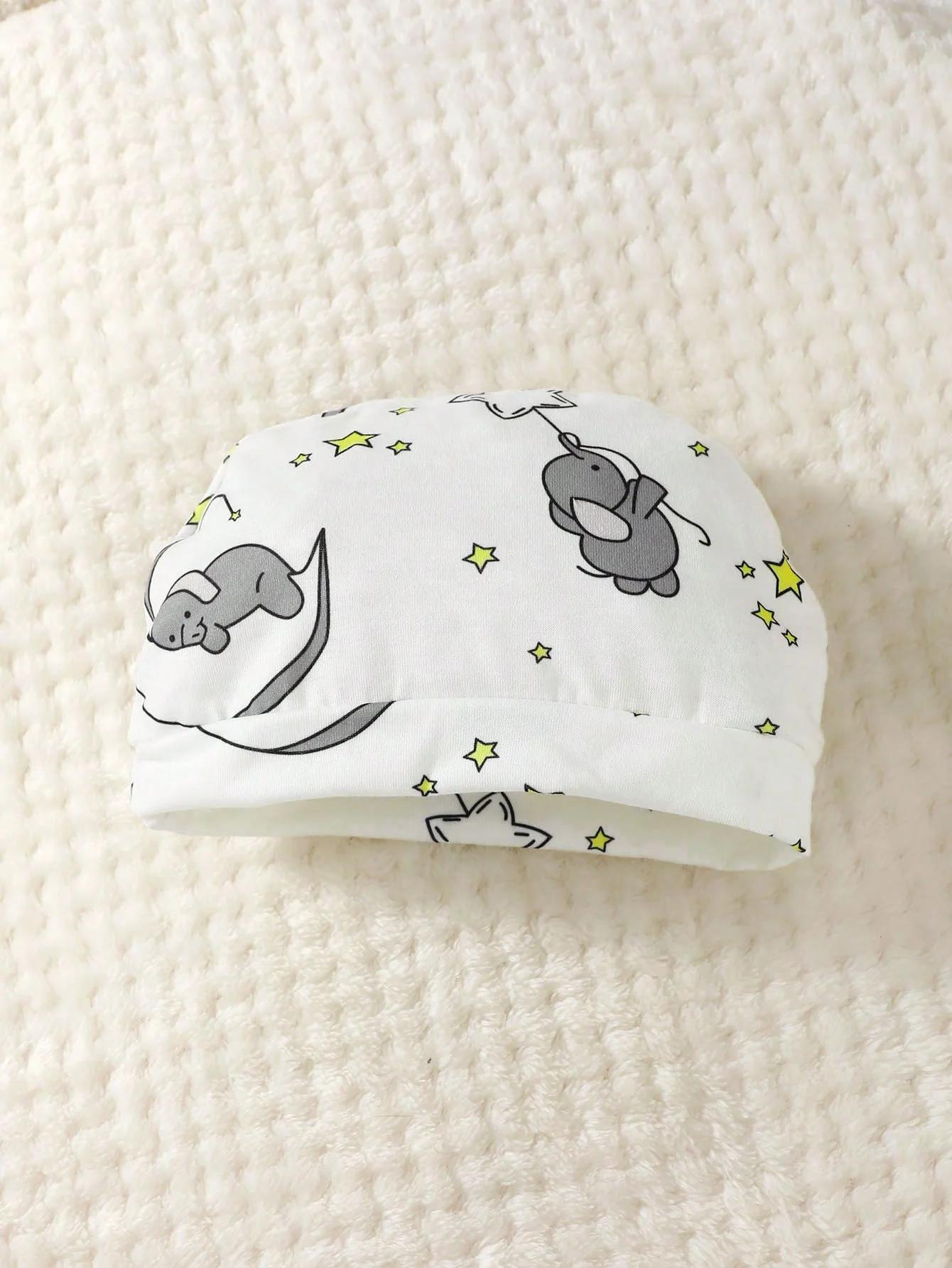Barboteuse à manches longues avec chapeau, 2 pièces, motif d'éléphant de dessin animé mignon pour bé