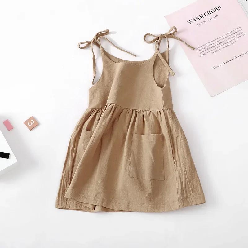 Robe d'été en coton solide pour petites filles, sans manches, pour enfants, vêtements à la mode pour