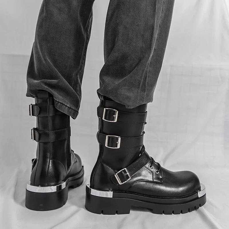 Bottes Chelsea pour hommes, couleur unie, semelle épaisse, hauteur augmentant, haut en métal, gros o