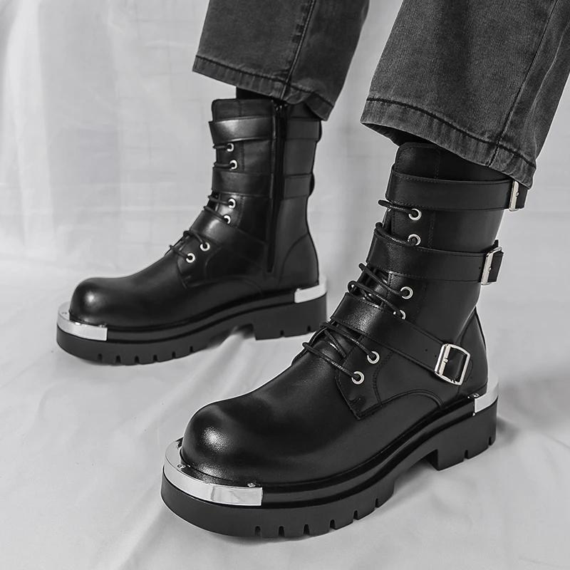 Bottes Chelsea pour hommes, couleur unie, semelle épaisse, hauteur augmentant, haut en métal, gros o