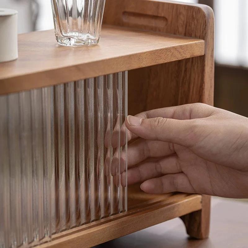 Changhong – support à tasses de bureau en noyer, service à thé avec porte coulissante, petit support