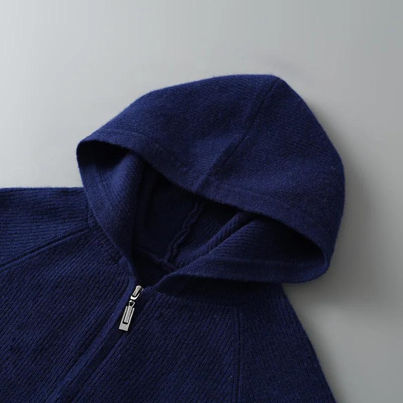 Cardigan à capuche classique pour hommes, tricoté avec aiguille Yuanbao, pull en laine australienne 