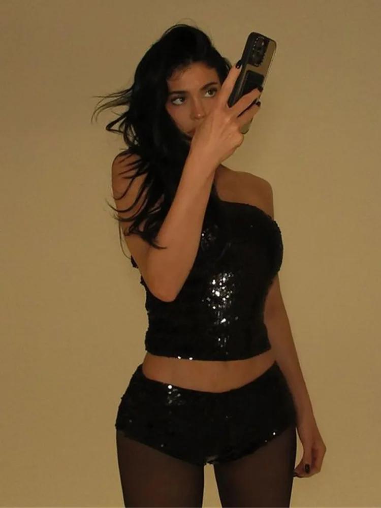 Ahagaga-Ensemble de survêtement 2 pièces pour femmes, sexy, club, paillettes, mode, solide, slim, en