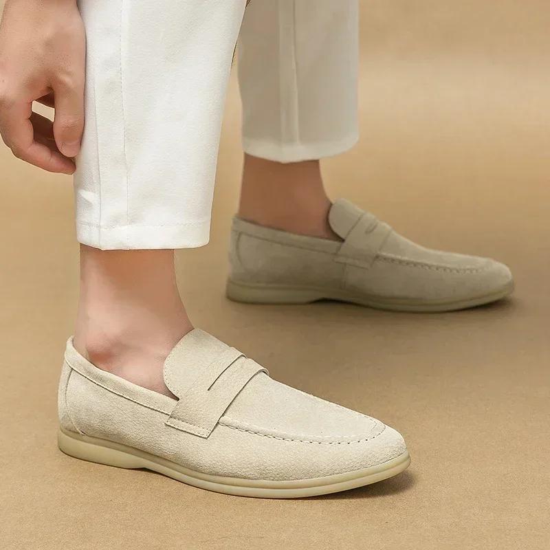 Chaussures décontractées en cuir véritable pour hommes, chaussures de conduite en daim, marque de lu