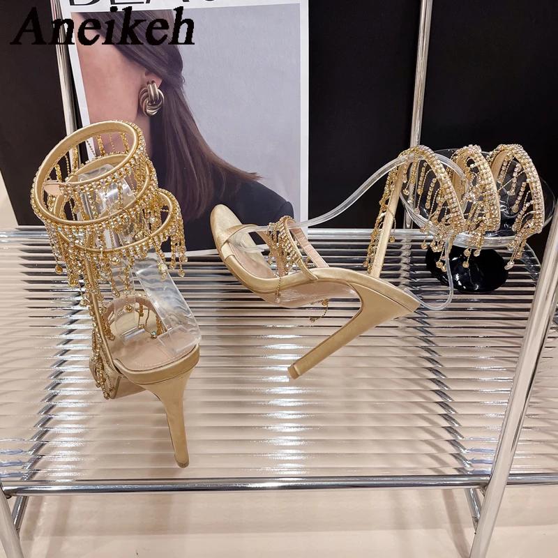 Aneikeh 2026 mode Sexy strass chaîne perle bride à la cheville talons hauts femmes été soie bout ron
