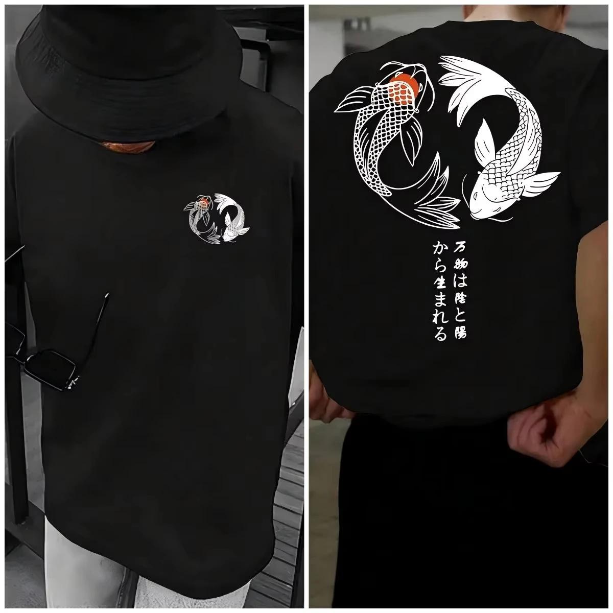 Koi Harajuku motif japonais 100% pur coton hommes T-shirt été quotidien Sports de plein air rue déco