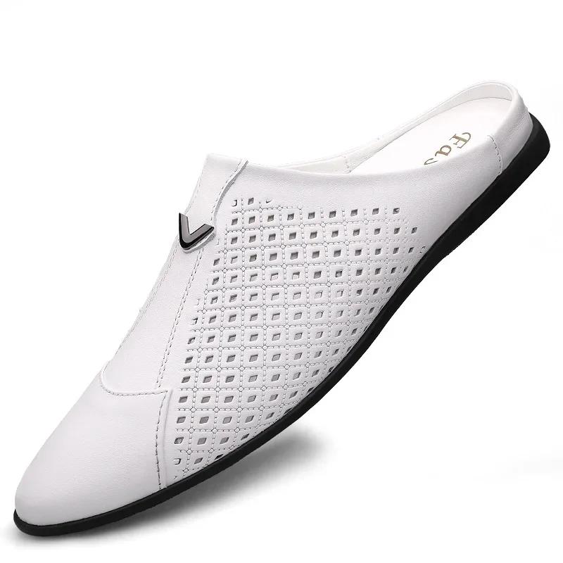 Mocassins d'été en cuir pour hommes, chaussures de conduite, mules, tennis, blanc, 2024