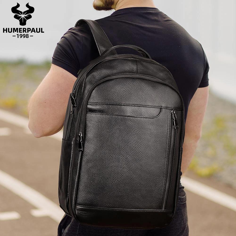 Sac à dos de voyage noir pour hommes, en cuir véritable, pour ordinateur portable, grande capacité, 