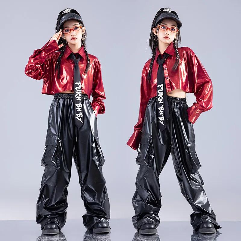 Haut court rouge à manches longues, pantalon en cuir, Costume de danse Jazz, vêtements pour filles, 