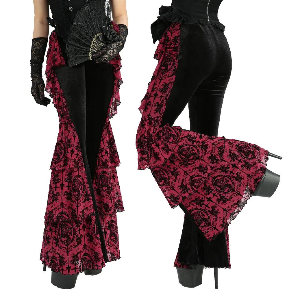S-3XL gothique femmes Flare pantalon fleur croix flocage volants Patchwork velours bas 2026 nouveau
