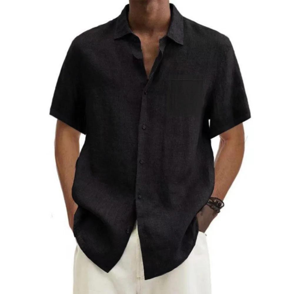 Chemises à manches courtes pour hommes, en coton et lin, couleur unie, col rabattu, décontracté, Sty