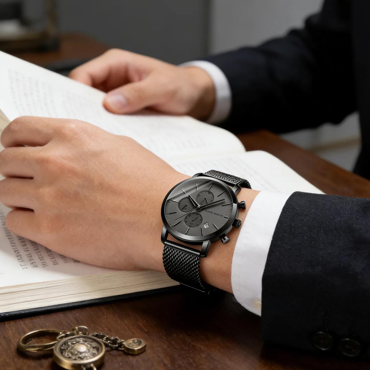 HANNAH MARTIN marque haut hommes montre noir en acier inoxydable mode étanche sport multifonctionnel