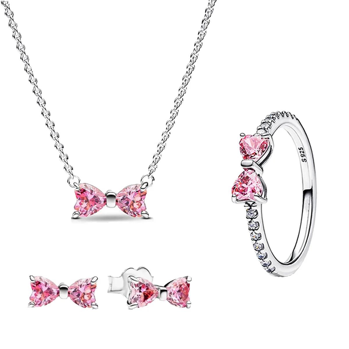 Nouveau Original 925 en argent Sterling coloré arc ensemble collier bague boucle d'oreille brillant