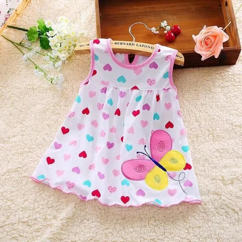 Robes d'été pour bébés filles, en coton, sans manches, imprimé + broderie