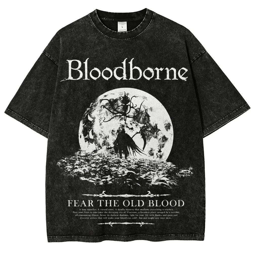 Nouveau T-shirt imprimé Bloodborne, jeu de rôle d'action tendance, style vintage délavé, en coton am