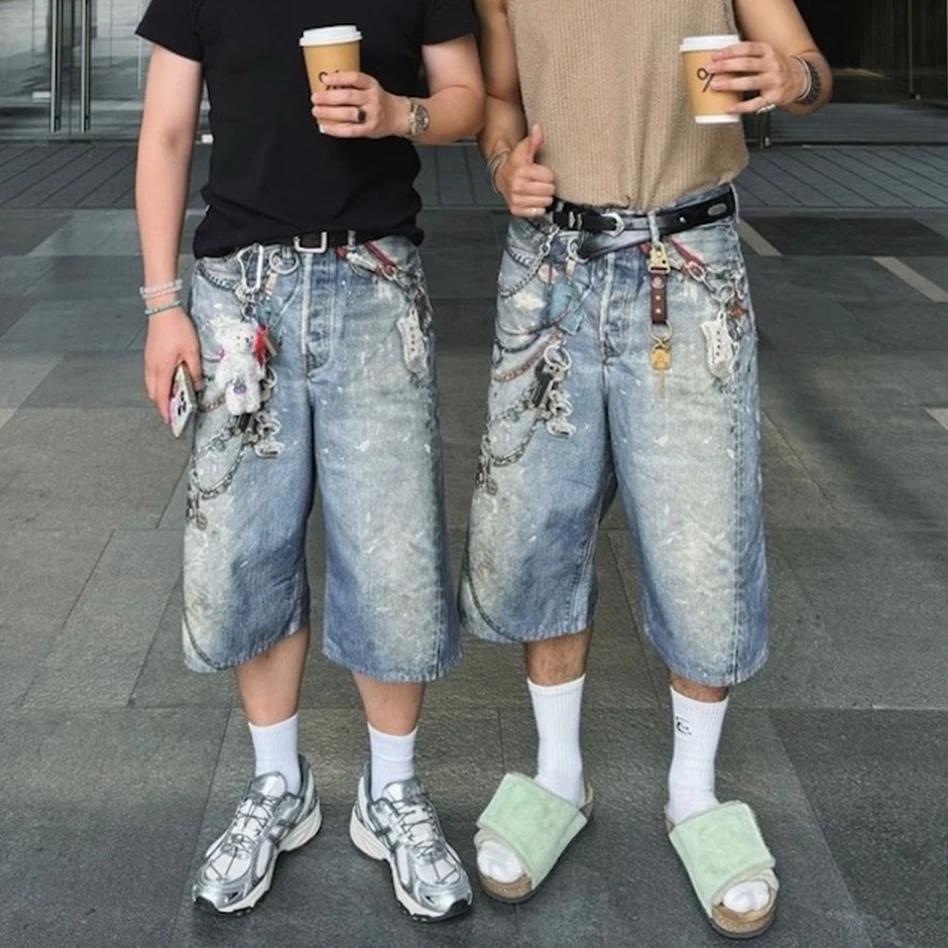 Shorts en jean baggy patchwork imprimé 3D pour hommes, style streetwear, nouvelle collection été, co