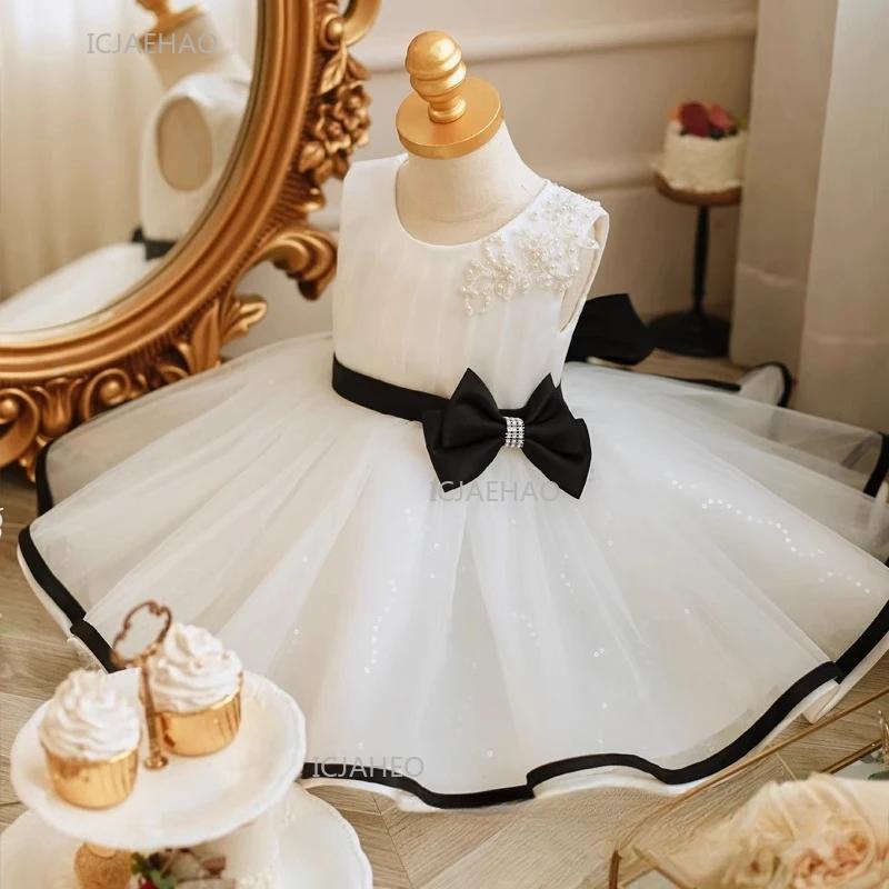 Robe de soirée noire pour filles avec nœud et ceinture, tenue de princesse tutu pour enfants, idéale