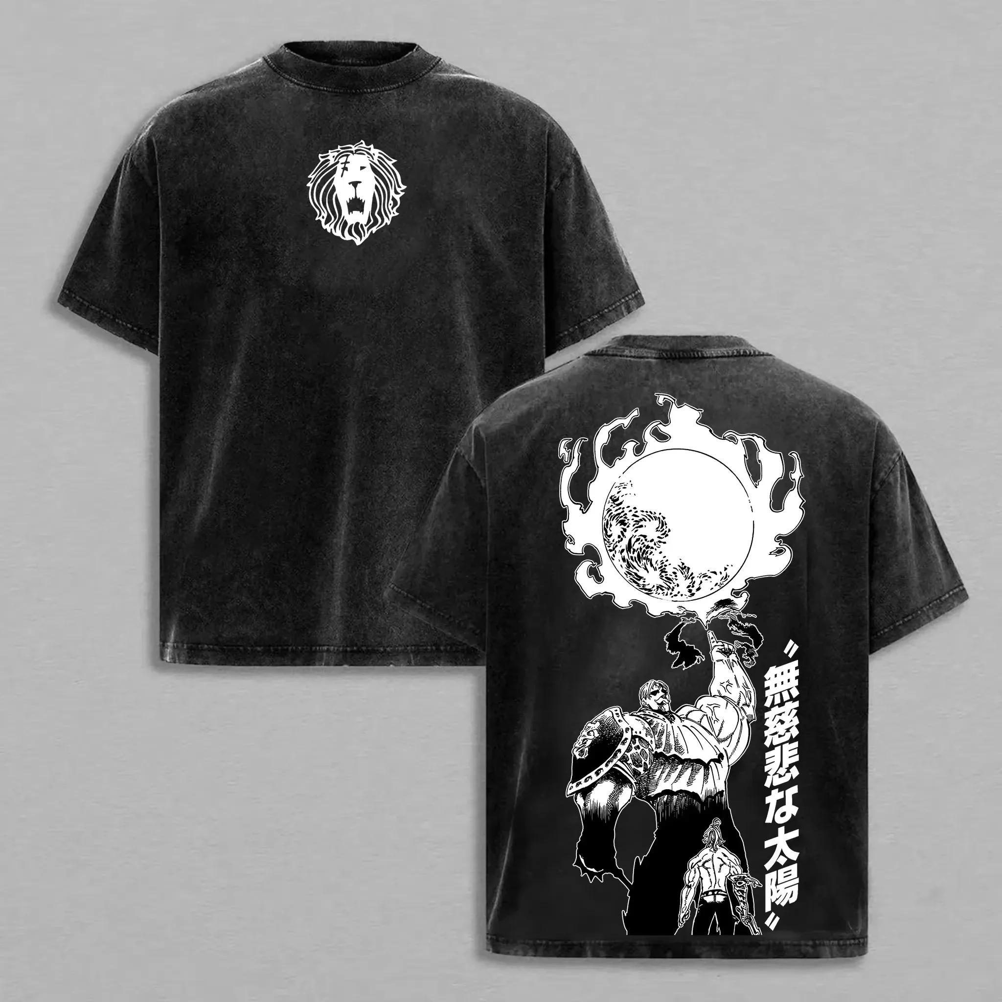T-shirt vintage délavé à imprimé graphique Escanor de l'anime japonais Les sept péchés capitaux, uni