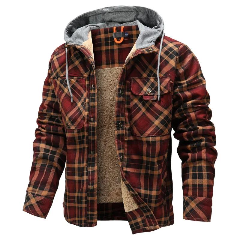 Vestes d'hiver à capuche pour hommes, manteau chaud en peluche, décontracté, épais, à carreaux, en f