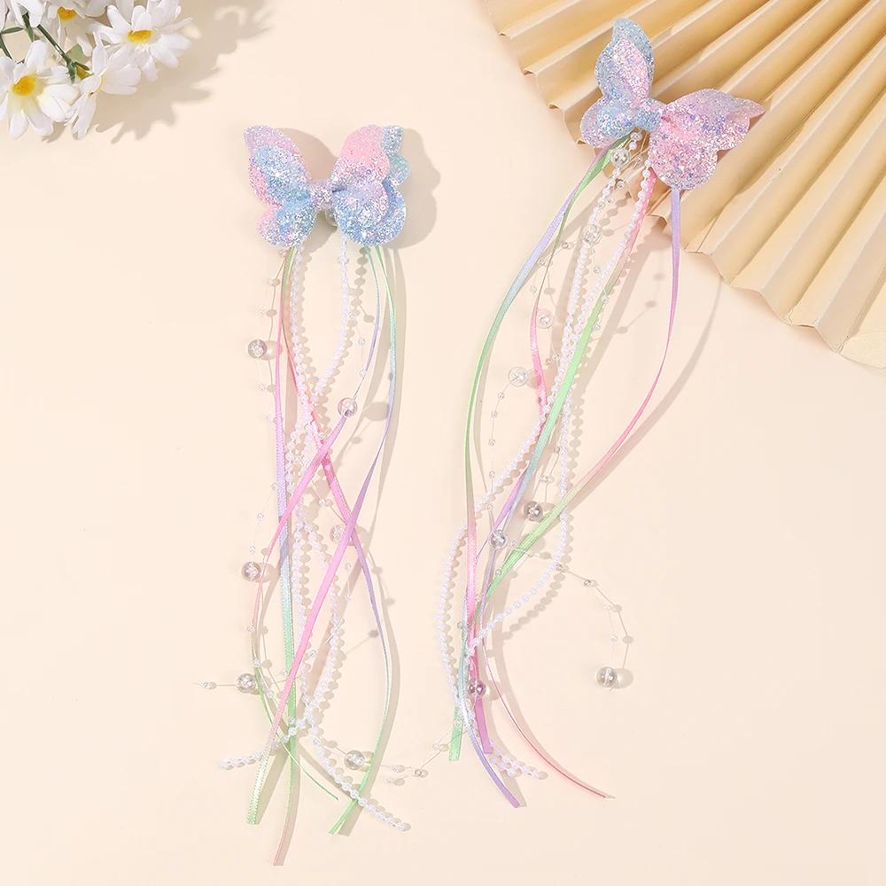 Pinces à cheveux avec nœud papillon à paillettes, 2 pièces, papillon arc-en-ciel avec de longues per