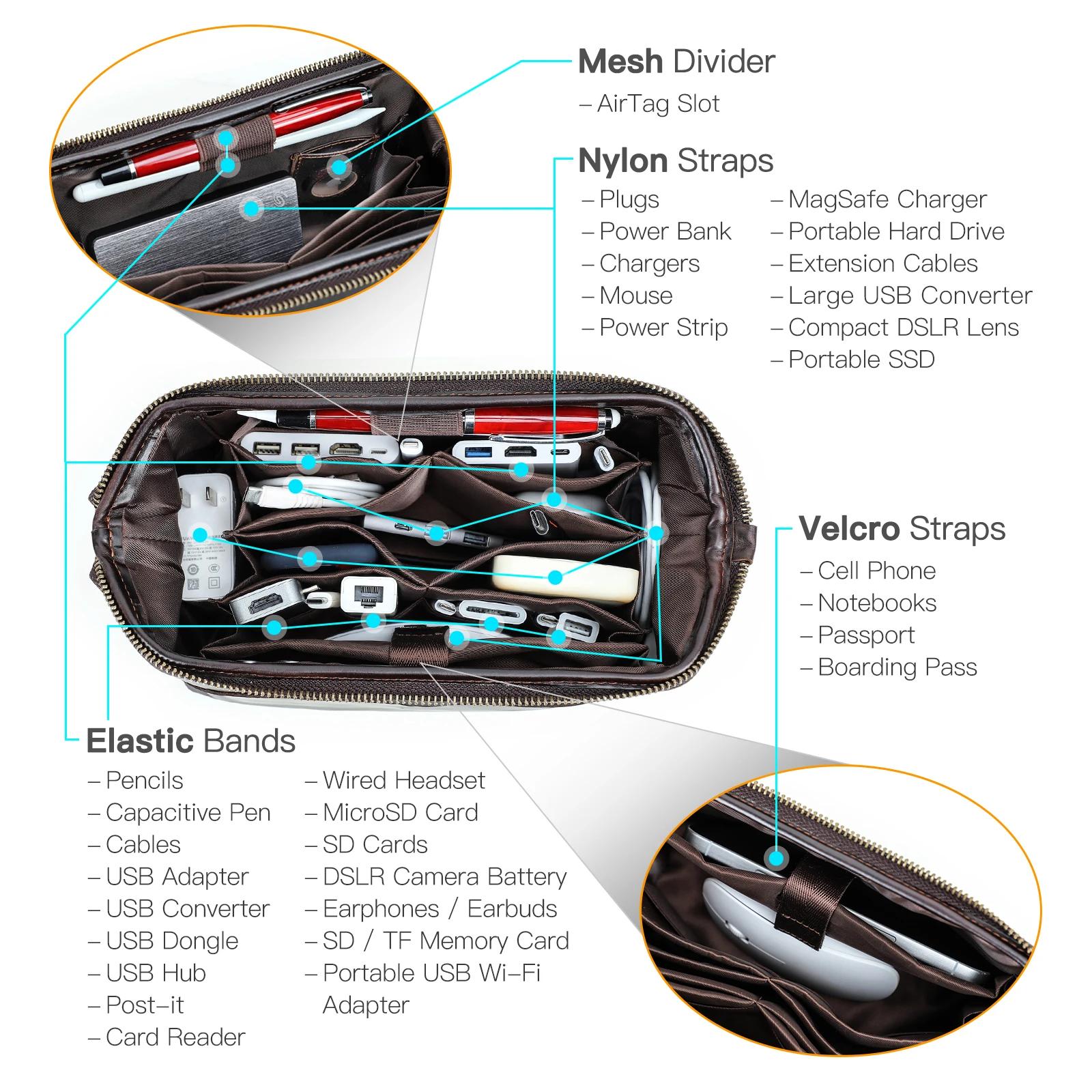CONTACT'S sacs de rangement de câbles en cuir véritable pour hommes pochette de câble de voyage poch