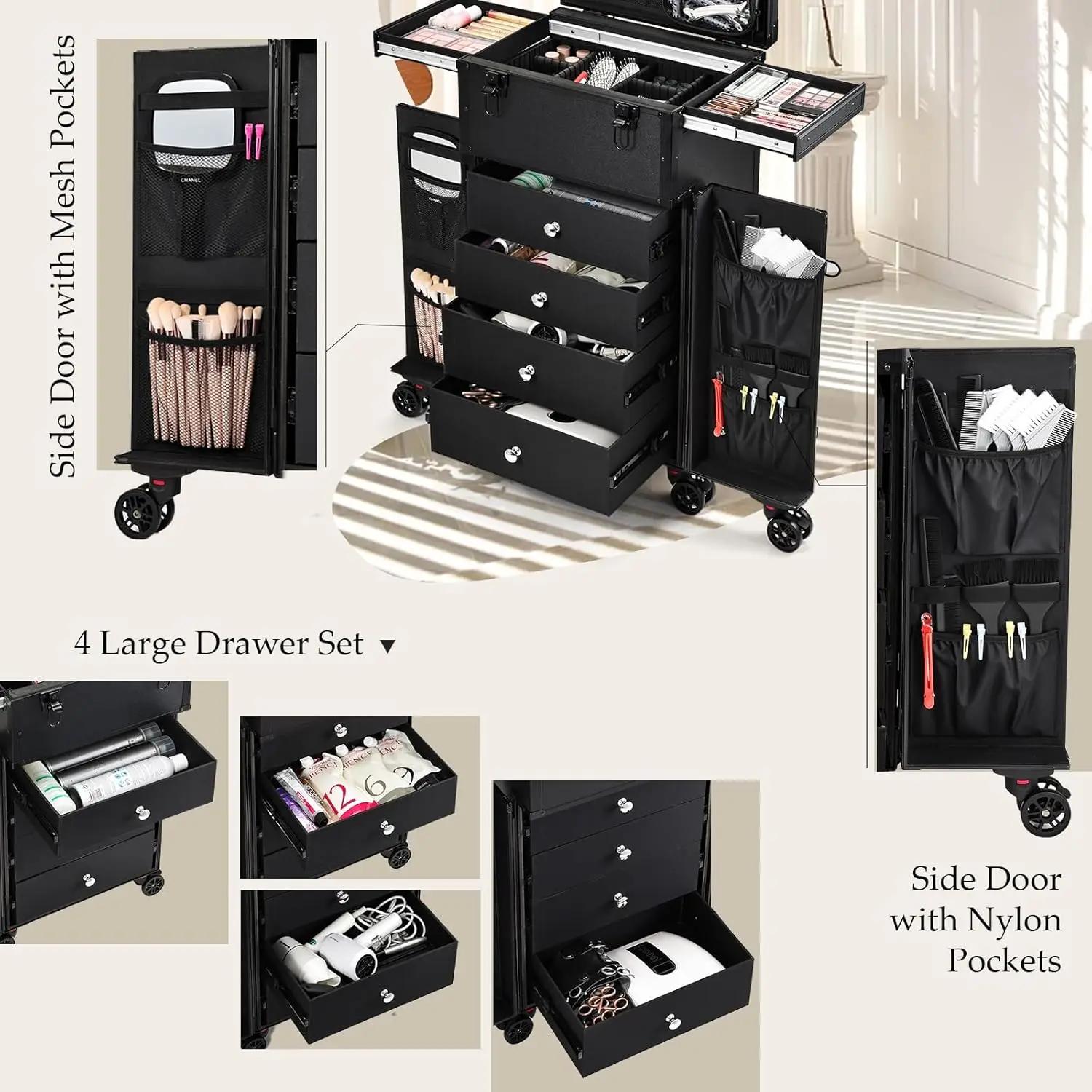 Trousse de maquillage professionnelle à roulettes, 4 tiroirs, étui de Train cosmétique pour coiffeur