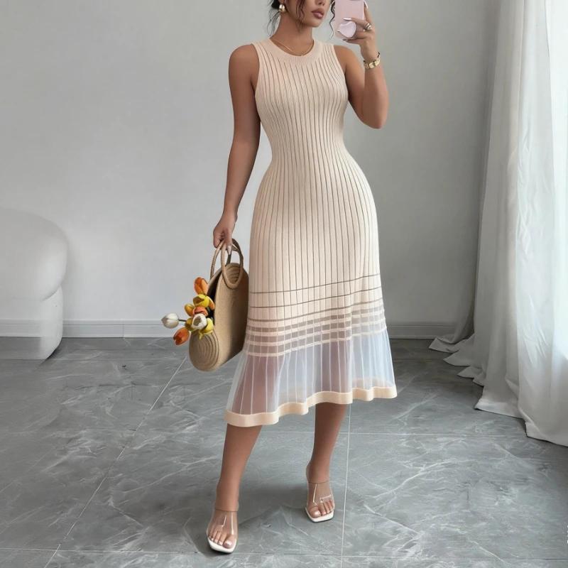 Robe midi décontractée pour femme, sans manches, col rond, en maille élastique, avec ourlet transpar
