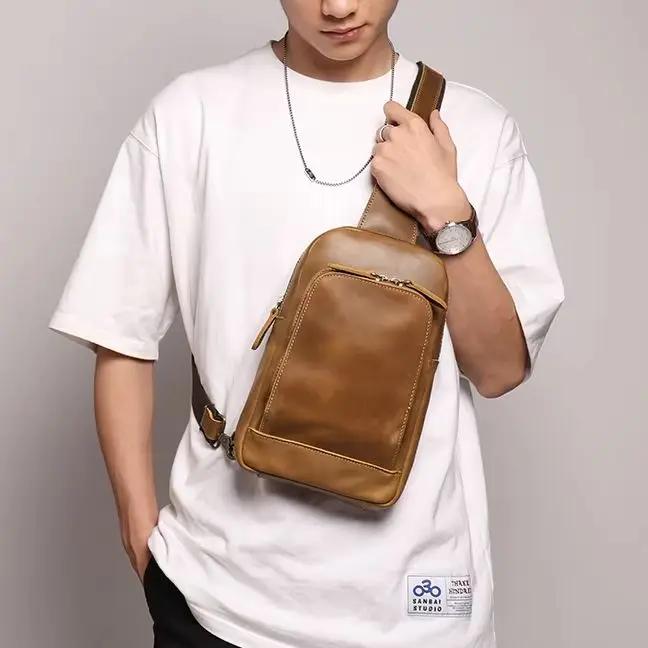 Sac à bandoulière en cuir véritable pour hommes, sac de poitrine vintage, sac de jour à bandoulière,