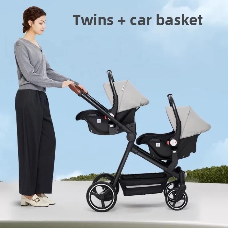 Poussette double neuve avec 2 sièges auto, poussette double multifonctionnelle légère et portable 3