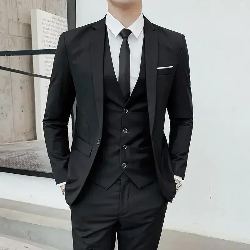 Costume (Blazer + gilet + pantalon) pour hommes, mode affaires, tendance en plein air, couleur unie,