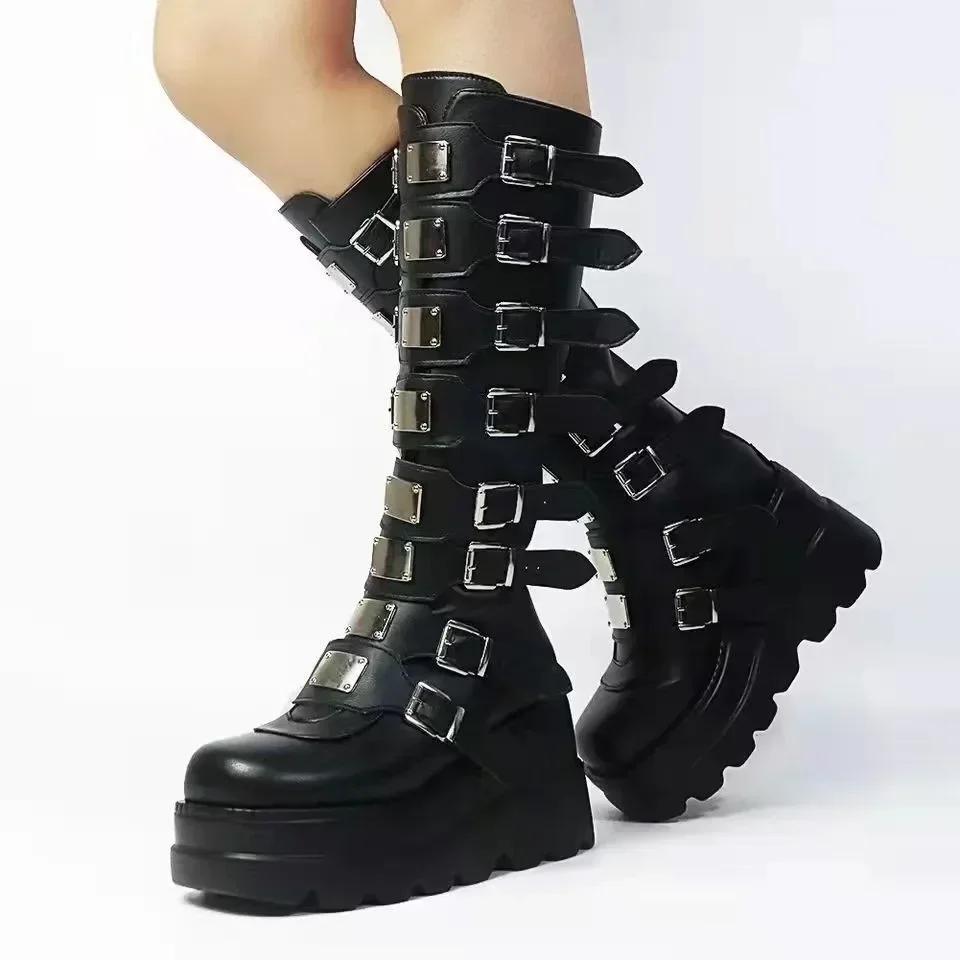 Bottes hautes gothiques à plateforme, Punk, noires, chaussures De moto Sexy, Halloween Cosplay, pour