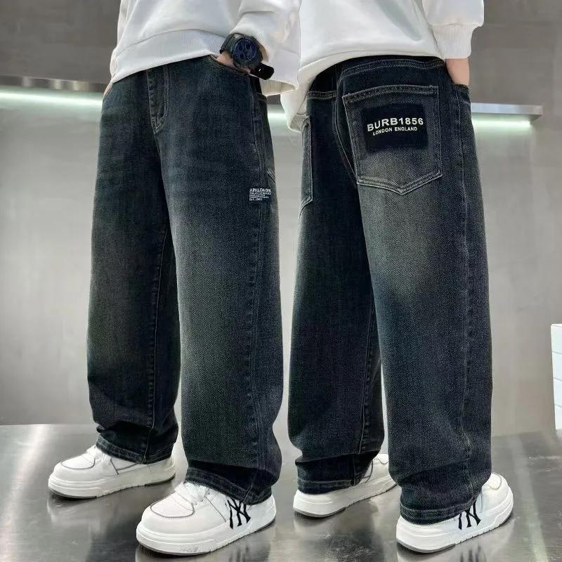 Jean denim adolescents printemps 2026 - Pantalon droit poches lettres garçons 4-14 ans décontracté