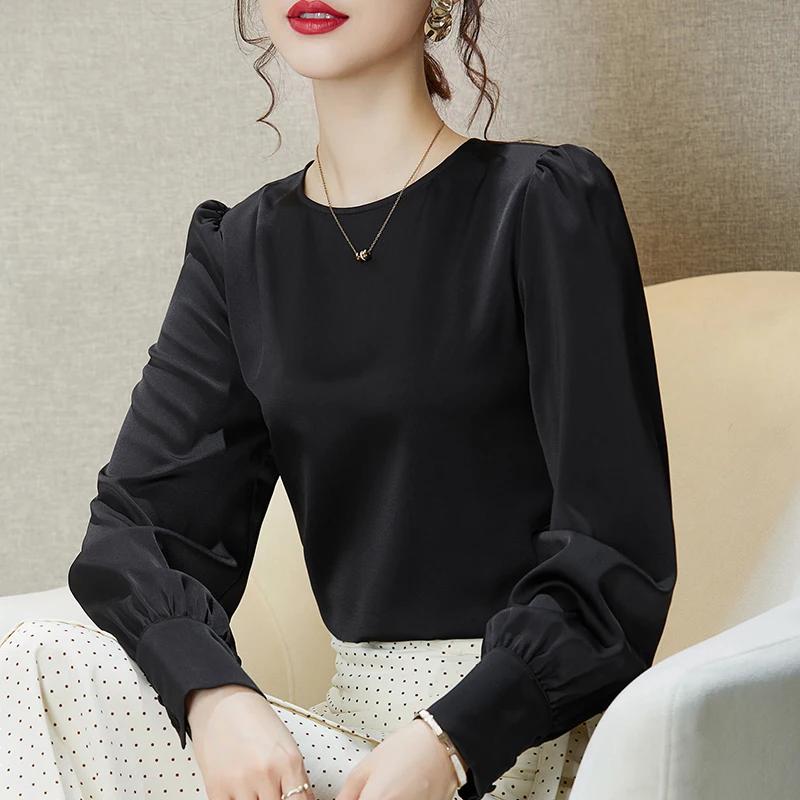 Chemise en soie glacée à manches longues et col rond pour femmes, chemisier monochrome en satin acét