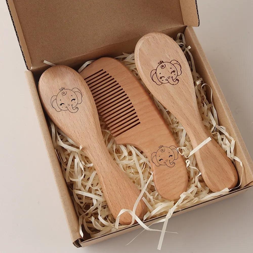 3 pièces ensemble gravure panda bébé peigne brosse ensemble nouveau-né coffret cadeau laine naturell