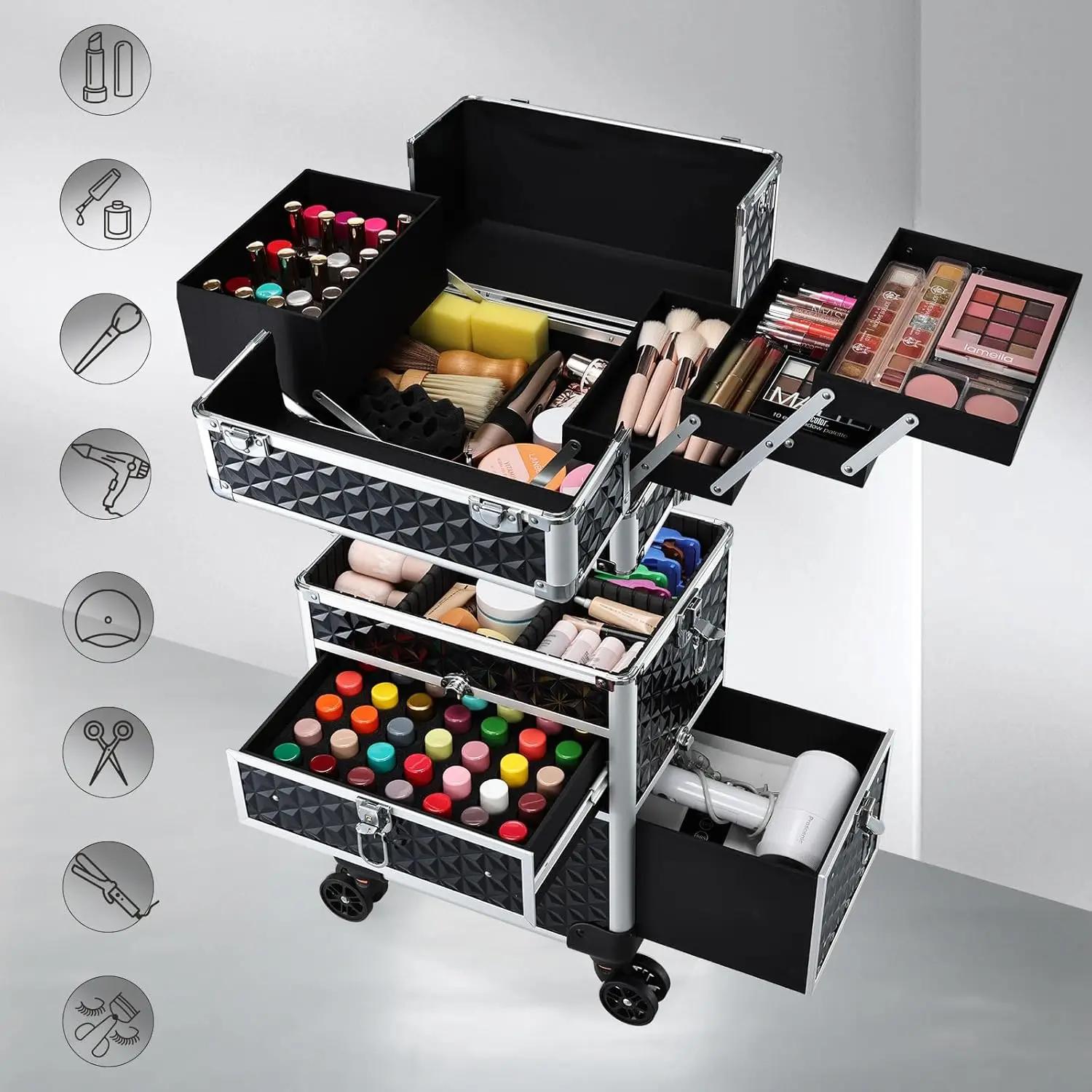 Trousse de maquillage roulante avec tiroirs à roulettes, grand boîtier de chariot de cosmétologie pr