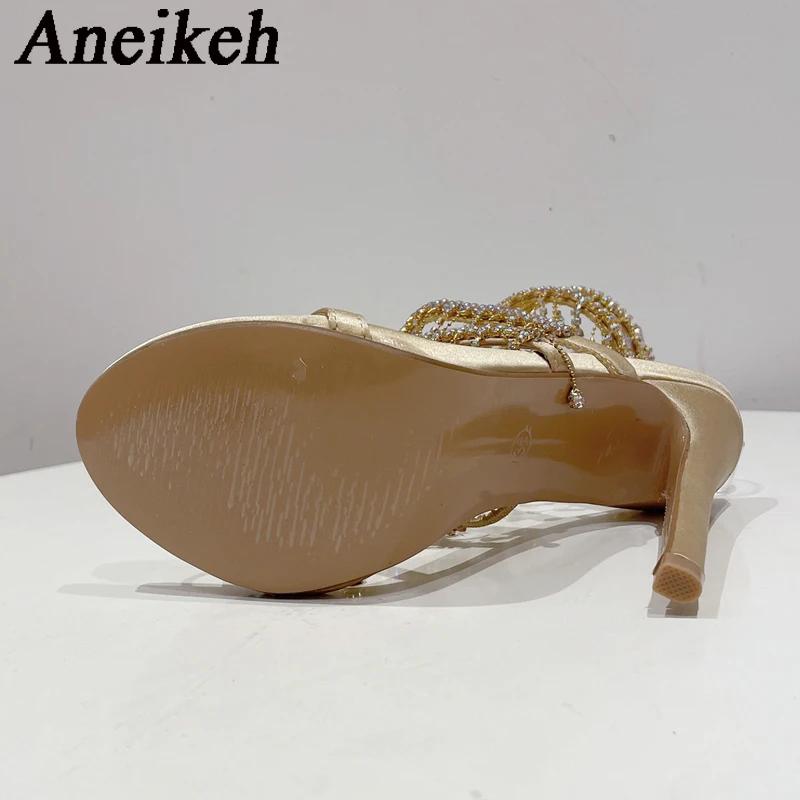 Aneikeh 2026 mode Sexy strass chaîne perle bride à la cheville talons hauts femmes été soie bout ron
