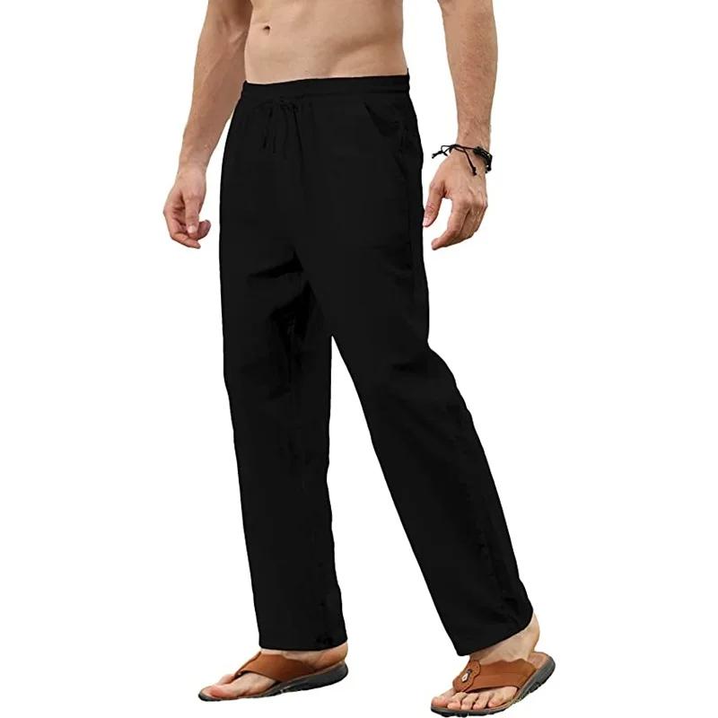 Pantalon en coton et lin pour hommes, ample, décontracté, respirant, couleur unie, cordon de serrage