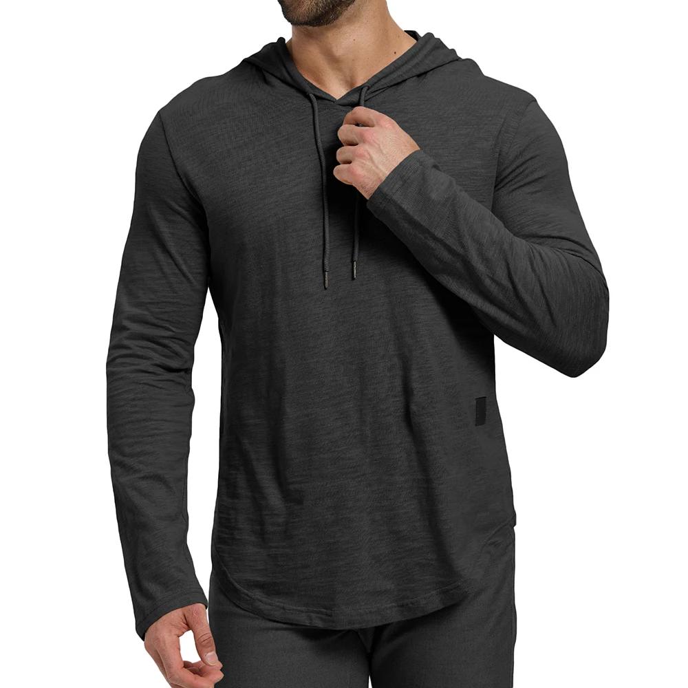 T-shirt à manches longues pour hommes, couleur unie, design à capuche, respirant, léger, avec cordon