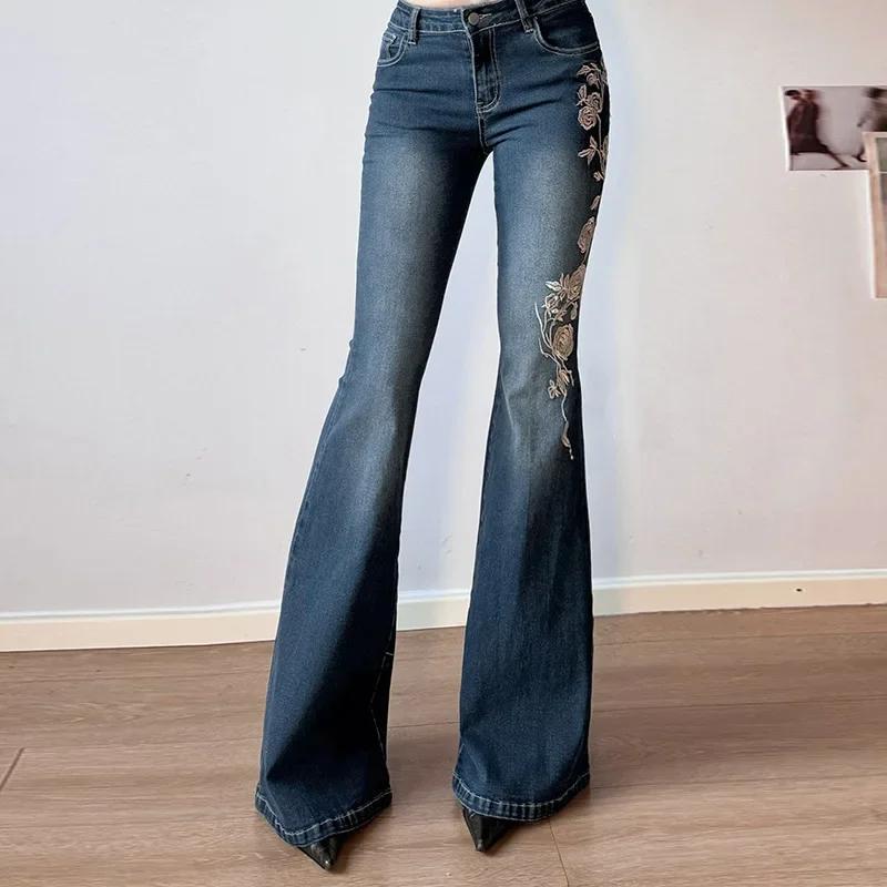Jeans rétro Y2K, jeans baggy à broderies florales, jeans vintage pour femmes des années 2000, pantal