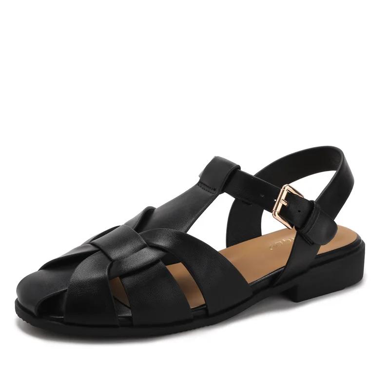 Sandales de pêcheur à bout fermé pour femmes, sangle tressée avec boucle, talon bas carré, chaussure