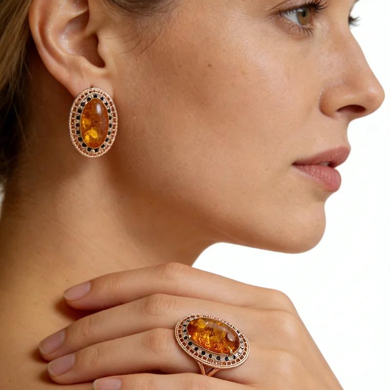 Kinel – bague ovale en ambre pour femmes, boucles d'oreilles, collier, mode 585 couleur or Rose, acc